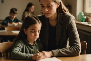 Madre acompañando a su hija mientras escribe en una libreta