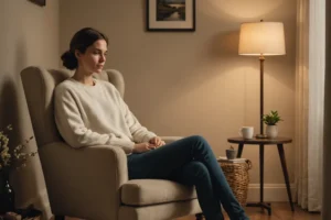Mujer sentada en un sillón, reflexionando en calma