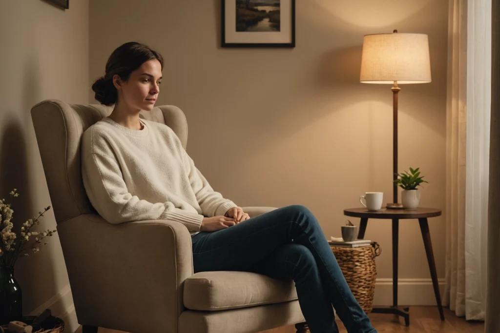 Mujer sentada en un sillón, reflexionando en calma