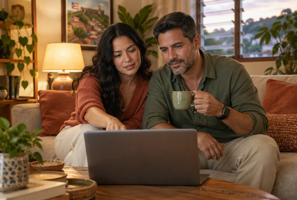 Pareja en la sala de su casa buscando juntos en una computadora portátil