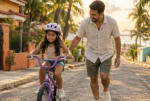 Padre acompañando a su hija mientras aprende a montar bicicleta en una calle con palmas